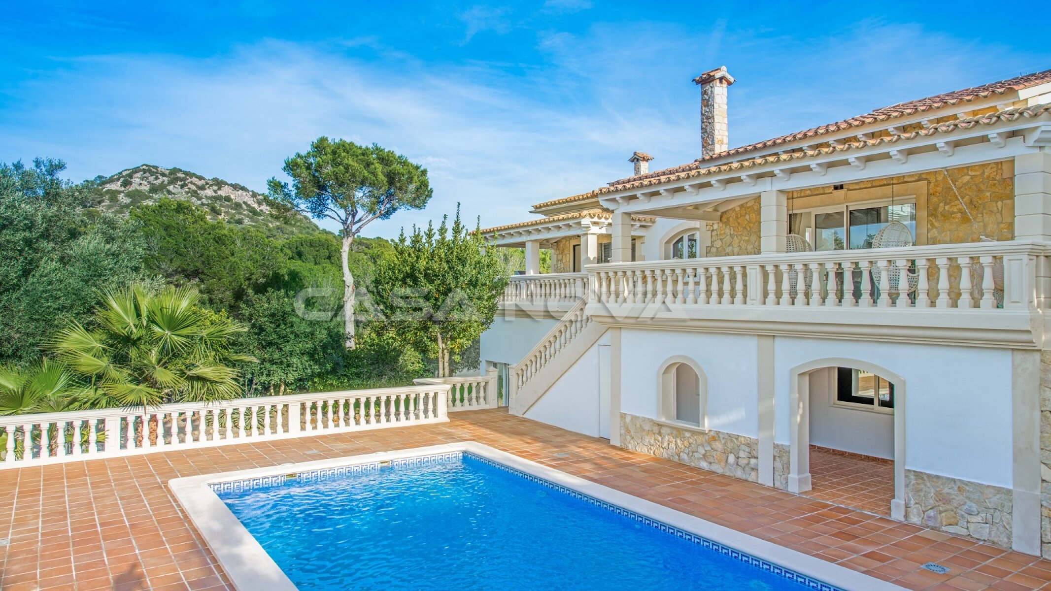 Aerial view of the Mediterranean Mallorca Villa with stone facade