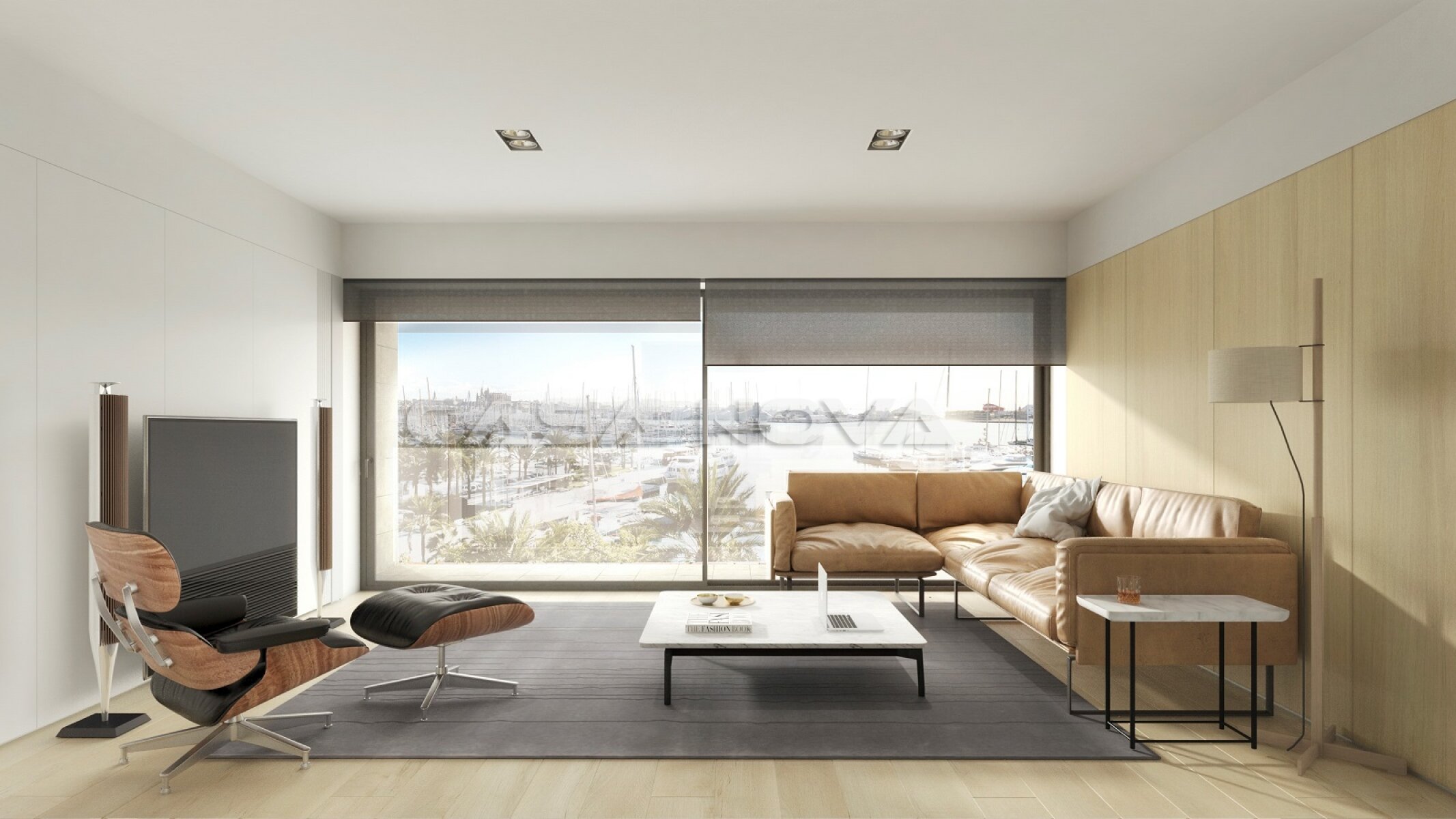 Bright living area with large window fronts