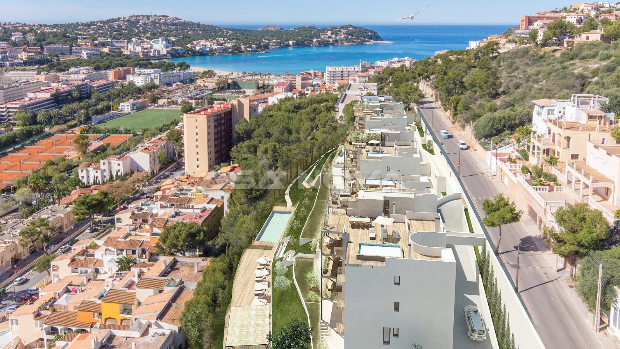 3D aerial view with view to the sea and center